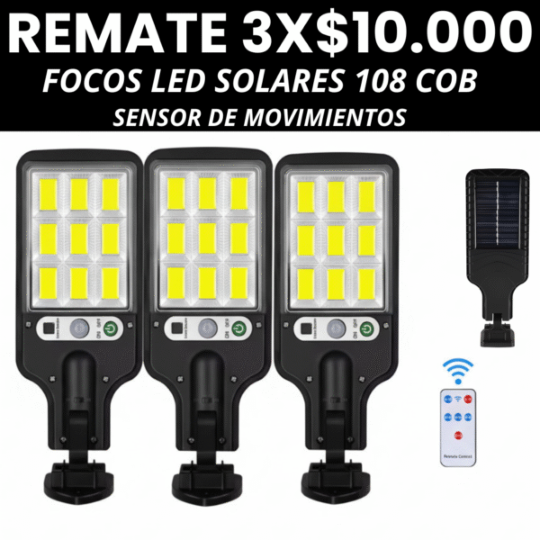 3x$10.000 Foco Solar LED 108COB con Control Remoto